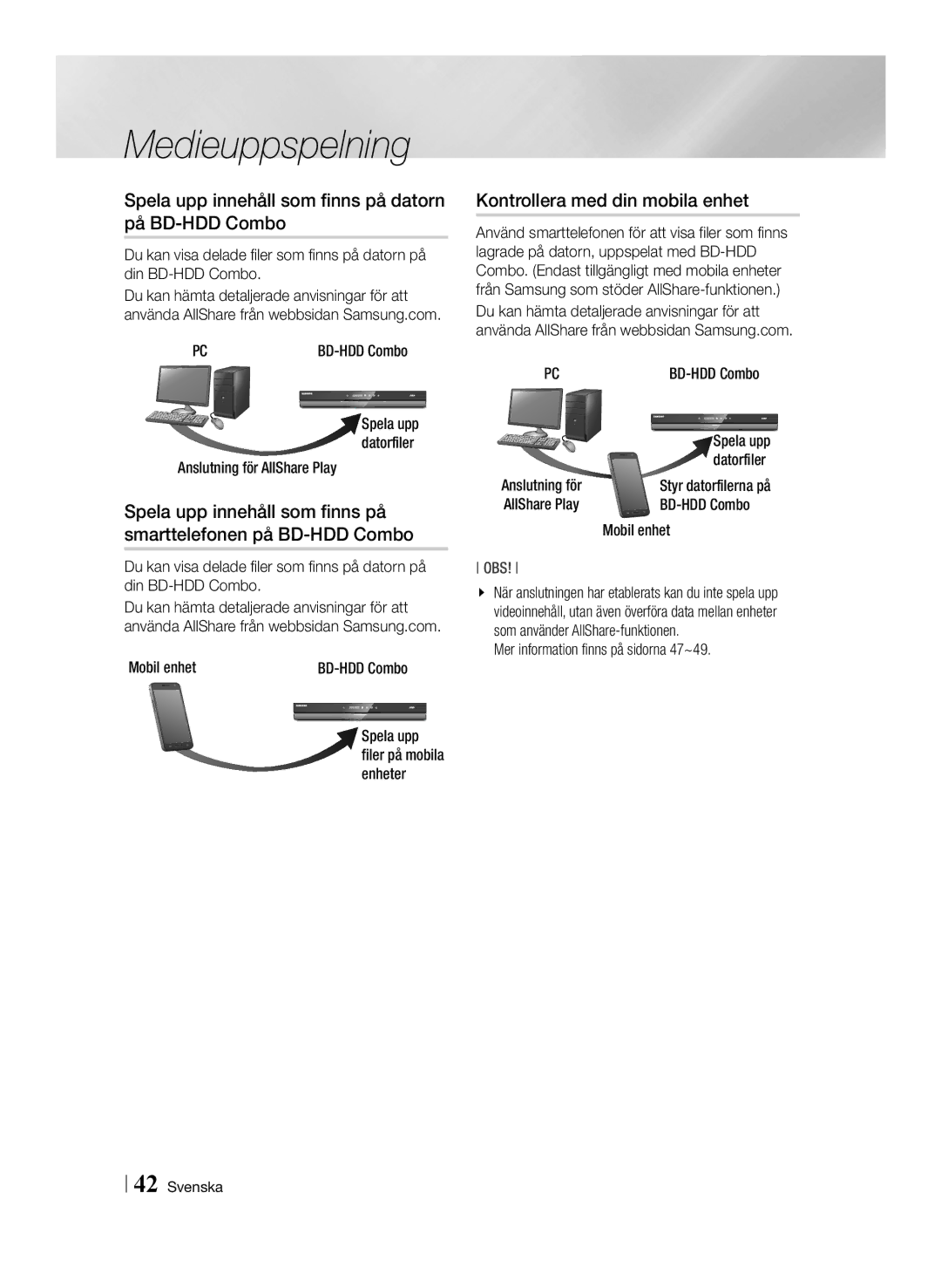 Samsung BD-E8300N/XE Spela upp innehåll som finns på datorn på BD-HDD Combo, Kontrollera med din mobila enhet, Mobil enhet 