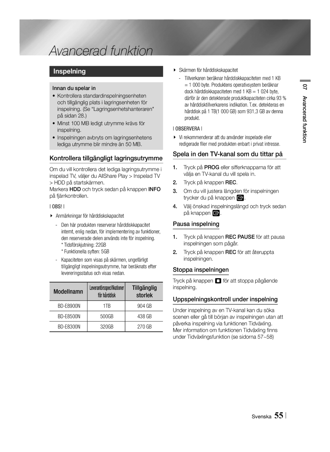 Samsung BD-E8500N/XE, BD-E8300N/XE, BD-E8900N/XE Avancerad funktion, Inspelning, Kontrollera tillgängligt lagringsutrymme 