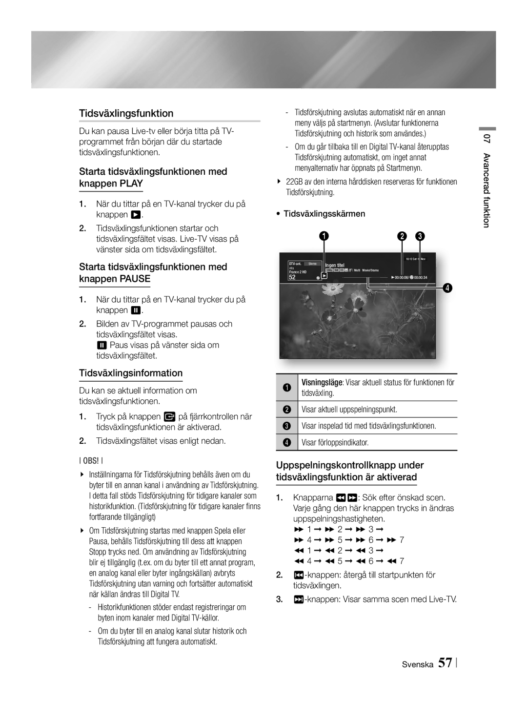 Samsung BD-E8300N/XE manual Tidsväxlingsfunktion, Starta tidsväxlingsfunktionen med knappen Play, Tidsväxlingsinformation 