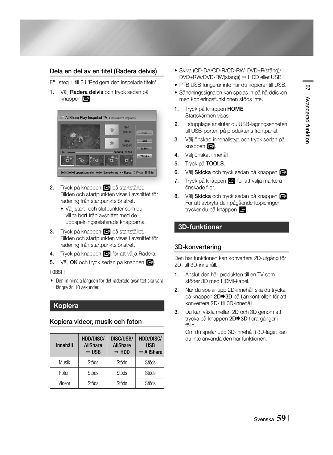 Samsung BD-E8900N/XE manual Dela en del av en titel Radera delvis, Kopiera videor, musik och foton, 3D-funktioner 