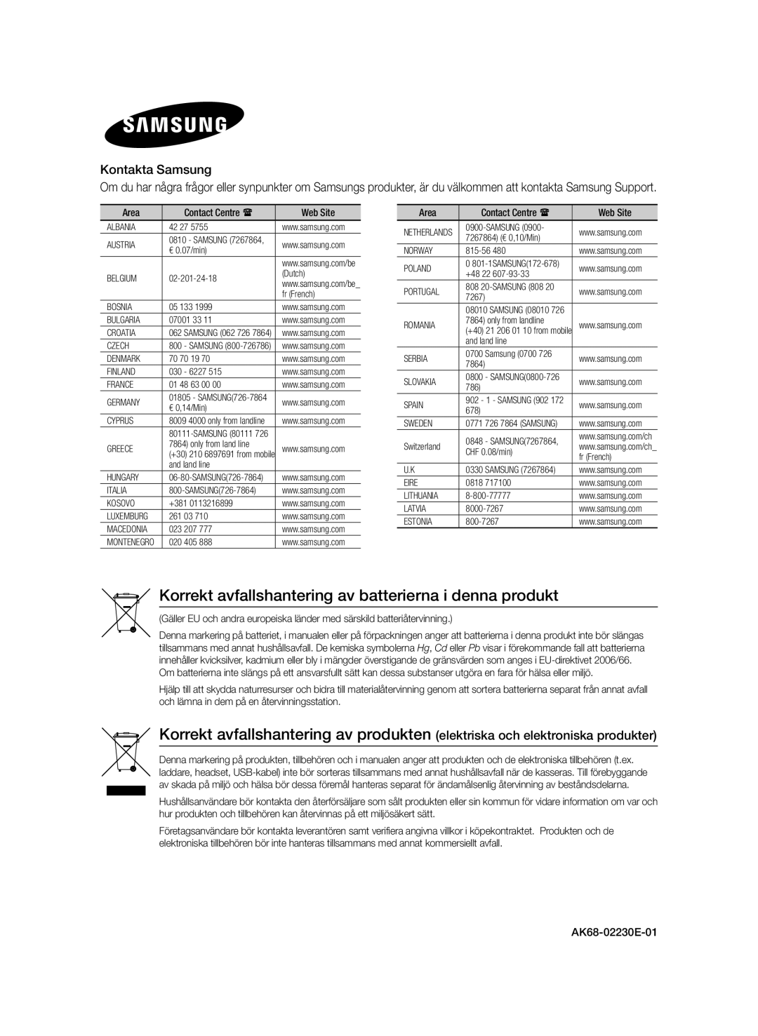 Samsung BD-E8900N/XE Korrekt avfallshantering av batterierna i denna produkt, Kontakta Samsung, Web Site, AK68-02230E-01 