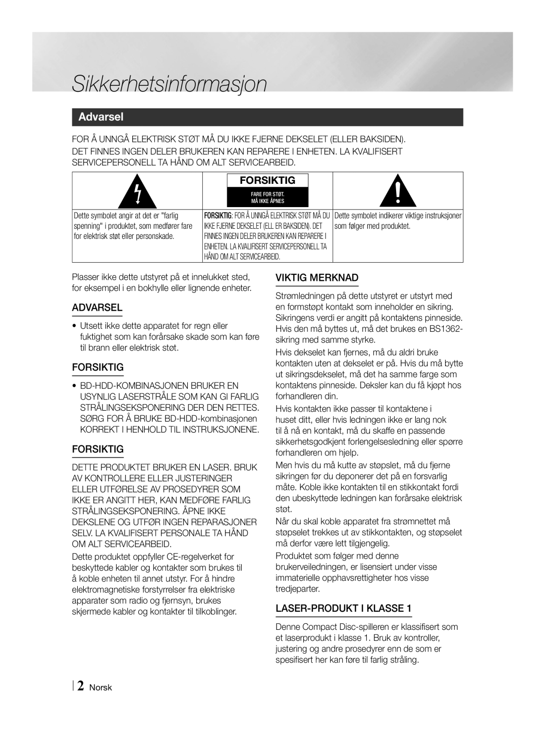 Samsung BD-E8500N/XE manual Sikkerhetsinformasjon, Korrekt I Henhold TIL Instruksjonene, Som følger med produktet, Norsk 