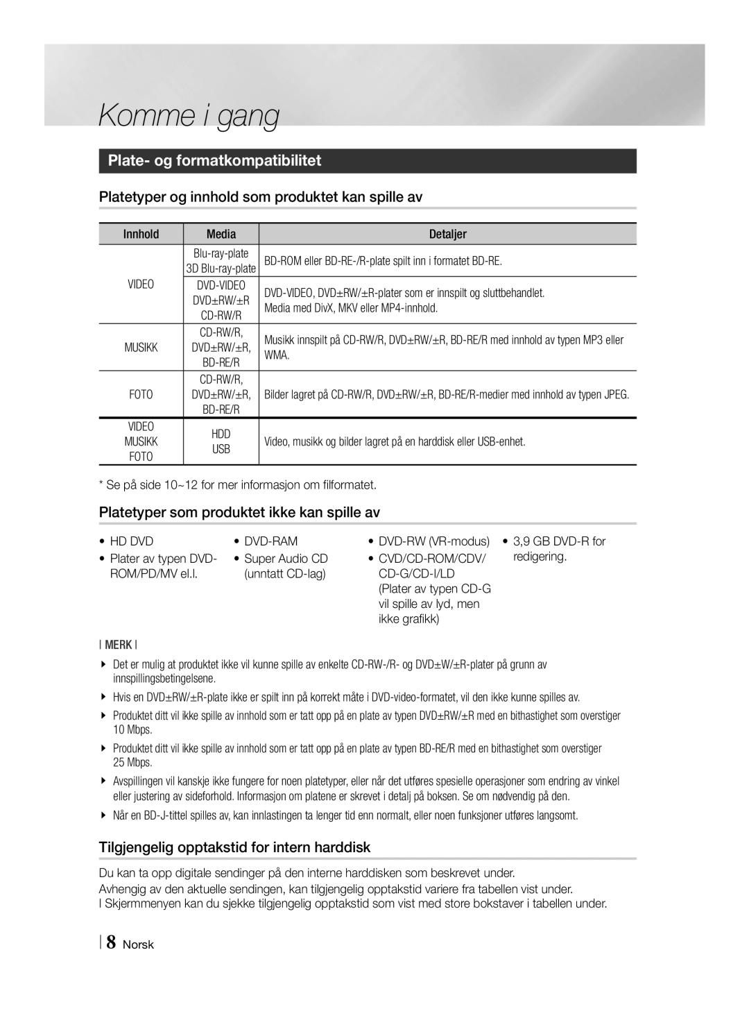 Samsung BD-E8500N/XE manual Komme i gang, Plate- og formatkompatibilitet, Platetyper og innhold som produktet kan spille av 