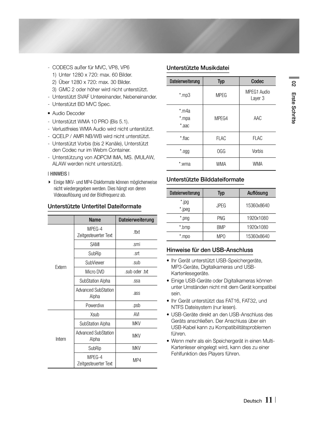 Samsung BD-E8909S/ZG Unterstützte Untertitel Dateiformate, Unterstützte Musikdatei, Unterstützte Bilddateiformate, MP4 