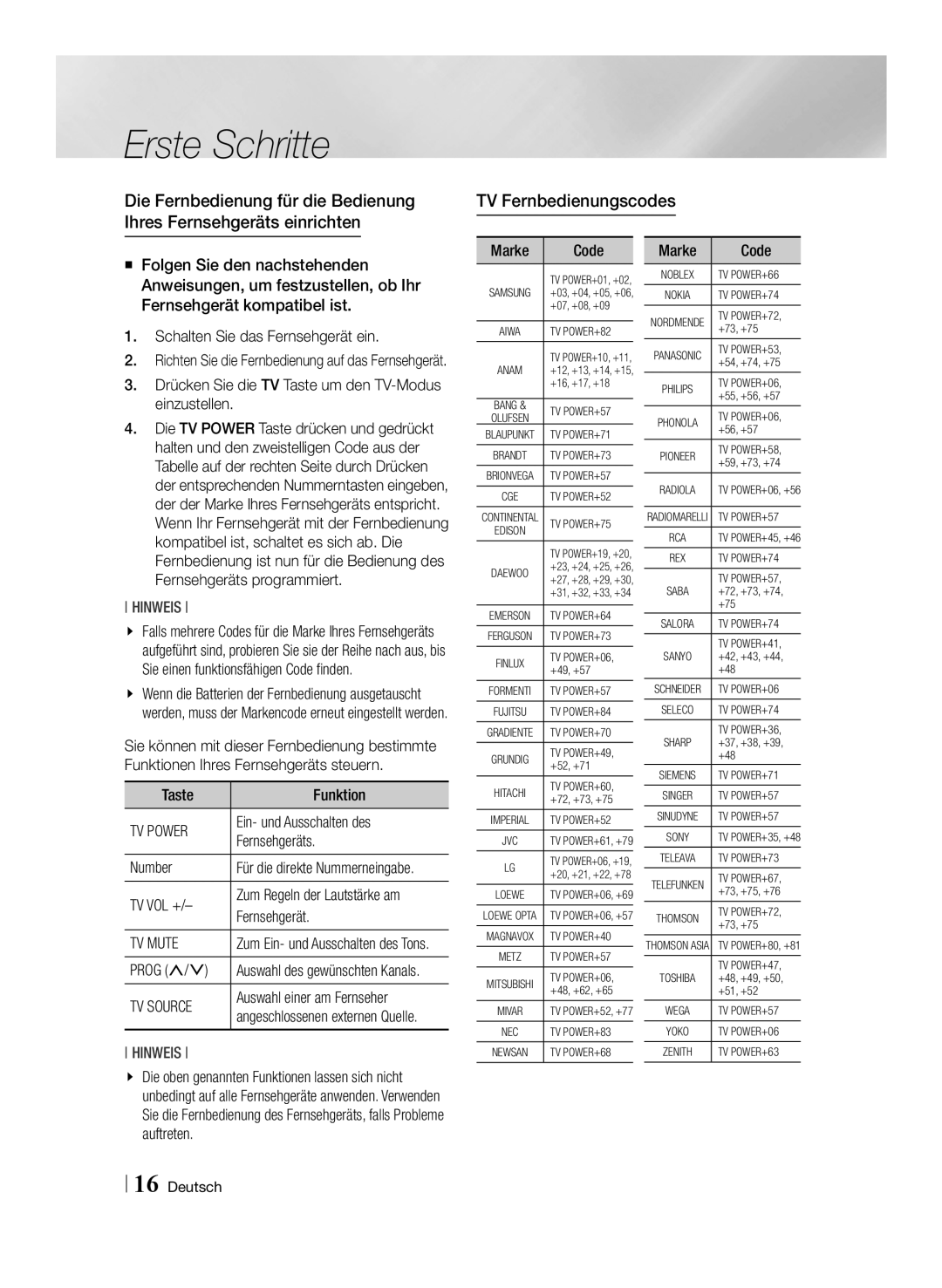 Samsung BD-E8509S/ZG manual Tv Fernbedienungscodes, Drücken Sie die TV Taste um den TV-Modus einzustellen, Code, Marke 