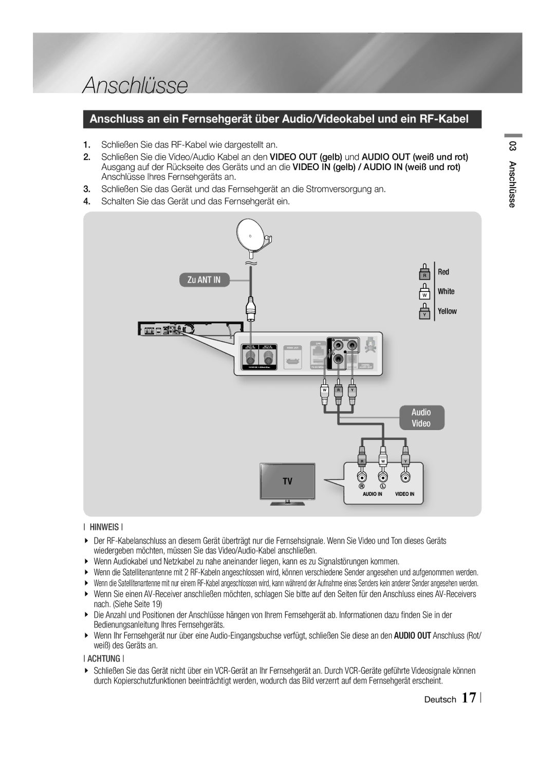 Samsung BD-E8909S/ZG, BD-E8309S/ZG, BD-E8509S/ZG manual Anschlüsse Deutsch 