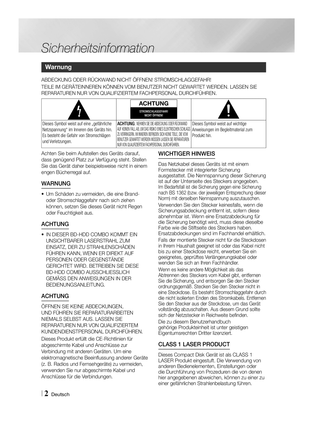 Samsung BD-E8909S/ZG, BD-E8309S/ZG, BD-E8509S/ZG manual Sicherheitsinformation, Warnung 