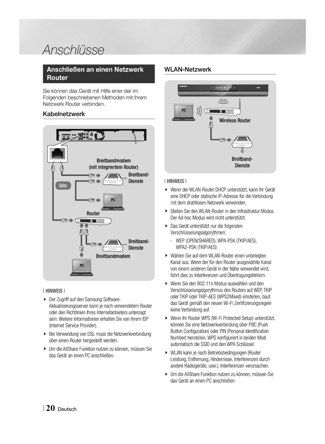 Samsung BD-E8909S/ZG, BD-E8309S/ZG, BD-E8509S/ZG manual Anschließen an einen Netzwerk Router, Kabelnetzwerk, WLAN-Netzwerk 