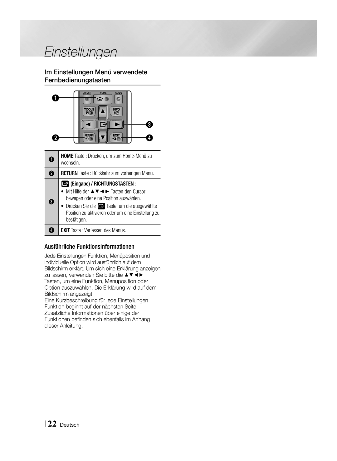 Samsung BD-E8509S/ZG manual Im Einstellungen Menü verwendete Fernbedienungstasten, Ausführliche Funktionsinformationen 