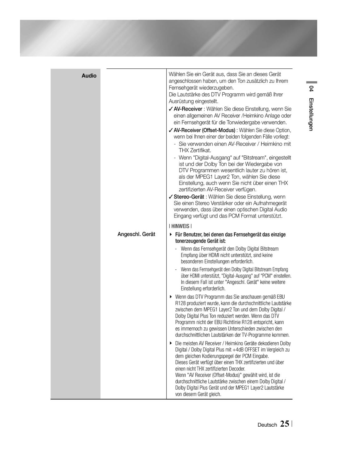 Samsung BD-E8509S/ZG, BD-E8309S/ZG manual Angeschl. Gerät, THX Zertifikat, Wenn das Fernsehgerät den Dolby Digital Bitstream 