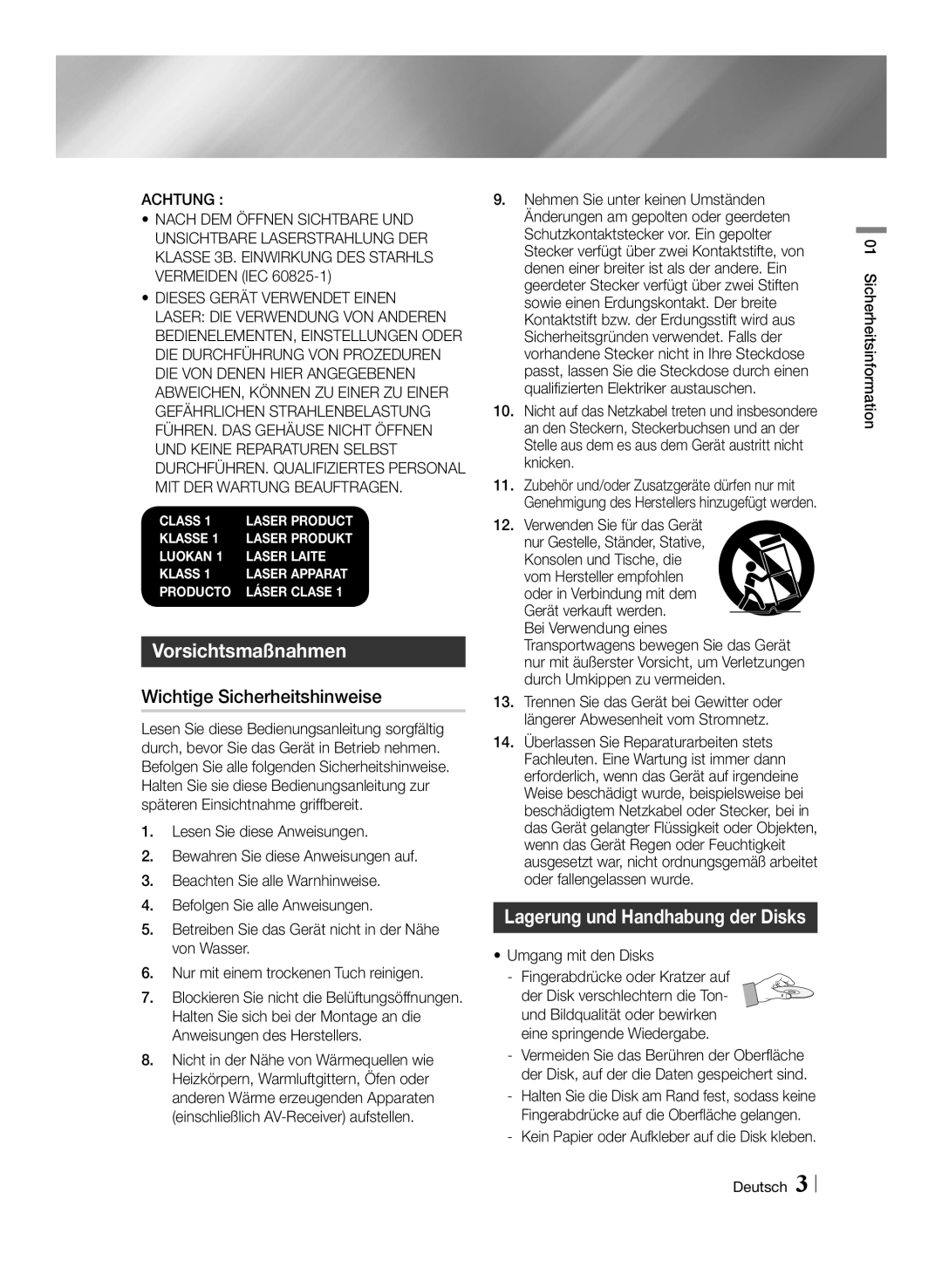 Samsung BD-E8309S/ZG, BD-E8509S/ZG Vorsichtsmaßnahmen, Wichtige Sicherheitshinweise, Lagerung und Handhabung der Disks 