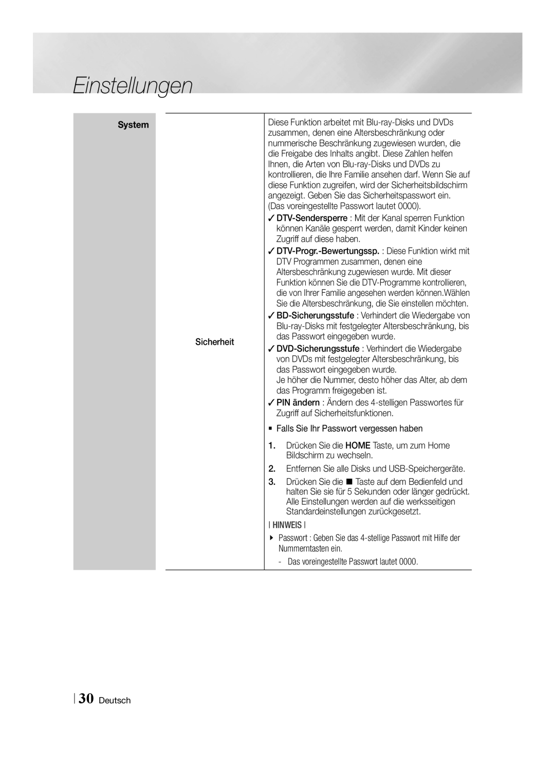 Samsung BD-E8309S/ZG, BD-E8509S/ZG, BD-E8909S/ZG manual Sicherheit 