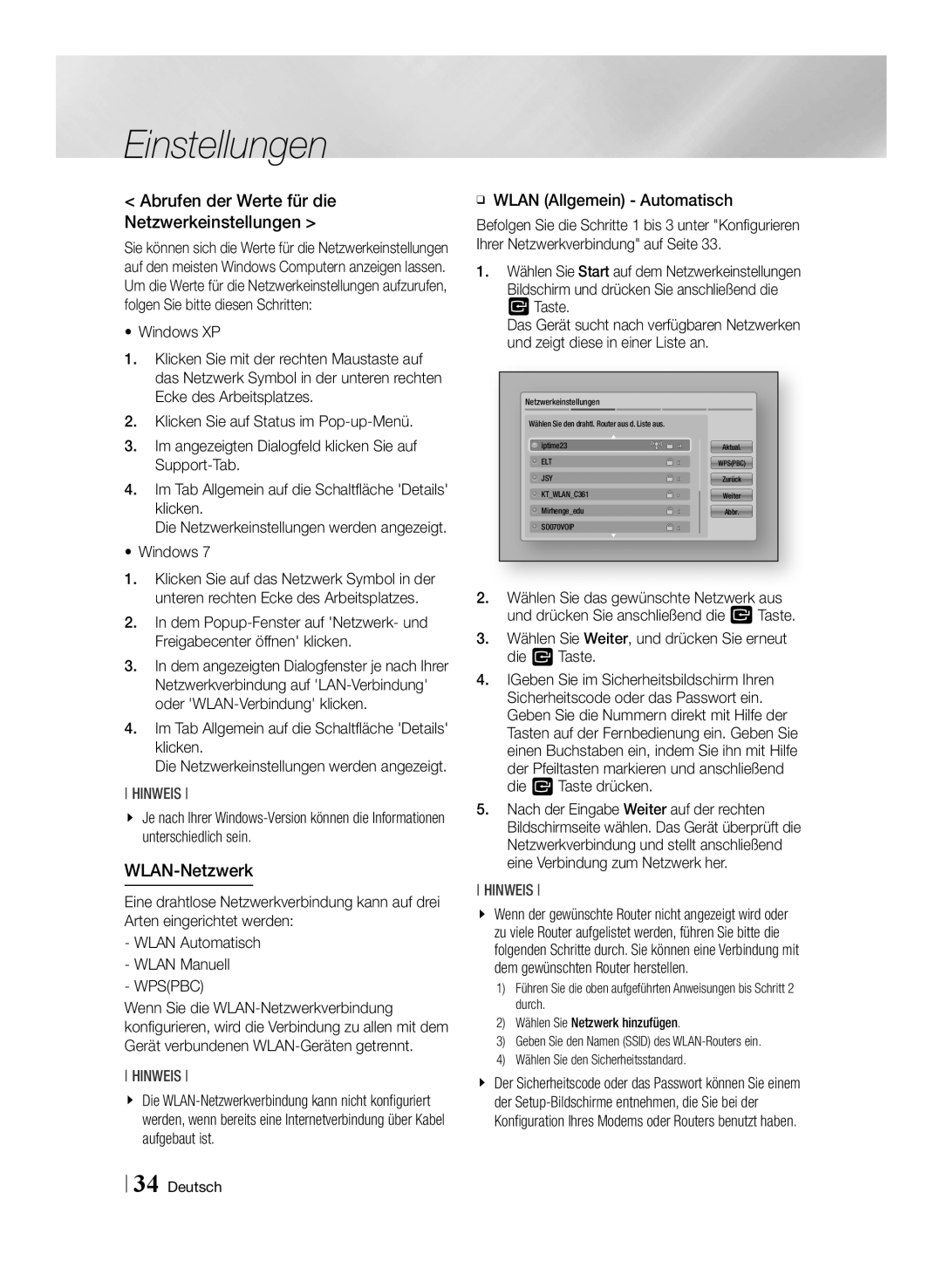 Samsung BD-E8509S/ZG, BD-E8309S/ZG manual Abrufen der Werte für die Netzwerkeinstellungen, WLAN-Netzwerk, Windows, Wpspbc 