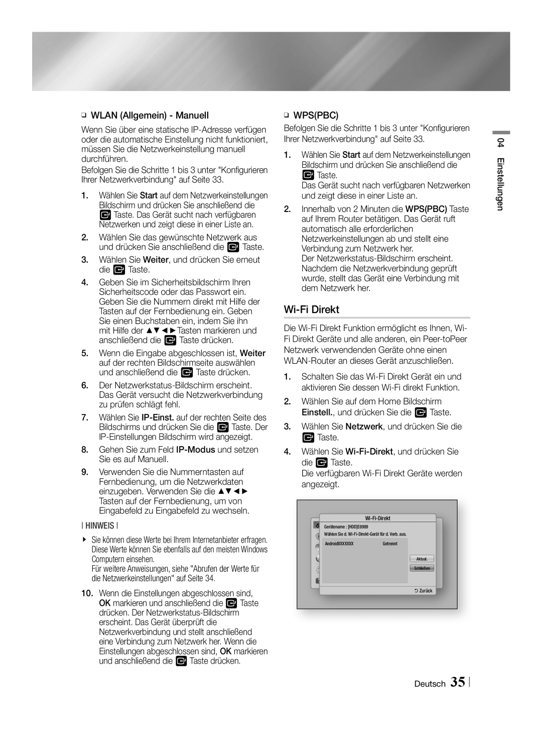 Samsung BD-E8909S/ZG, BD-E8309S/ZG manual Wi-Fi Direkt, Wählen Sie Weiter, und drücken Sie erneut die v Taste, ĞĞ Wpspbc 