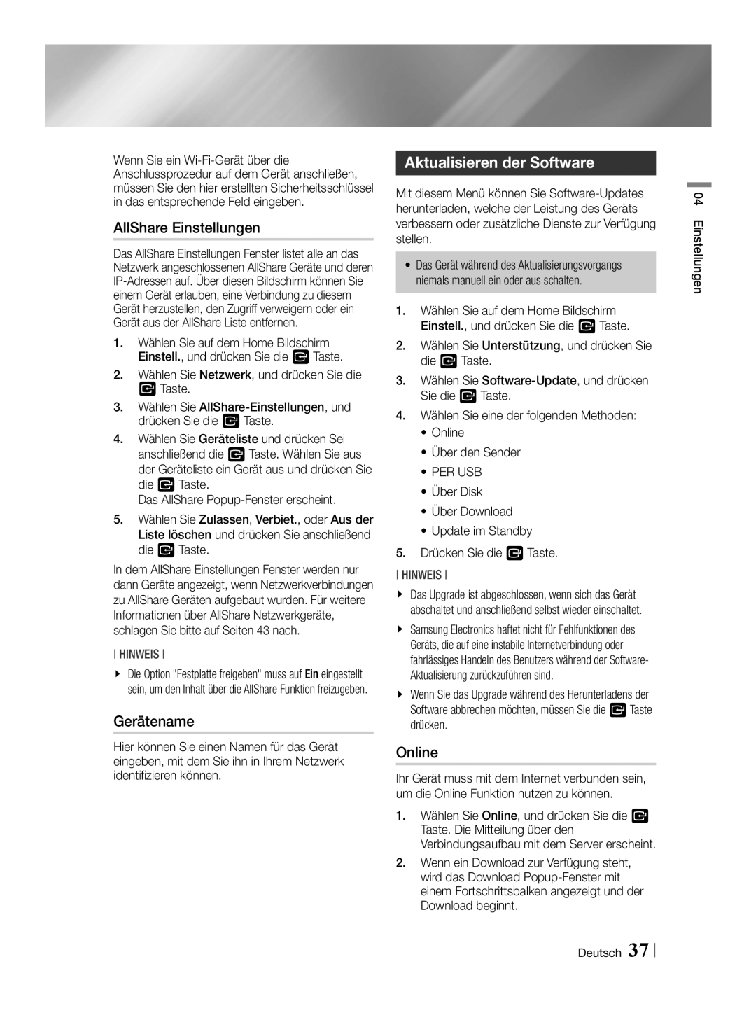 Samsung BD-E8509S/ZG, BD-E8309S/ZG manual AllShare Einstellungen, Gerätename, Aktualisieren der Software, Online, Per Usb 