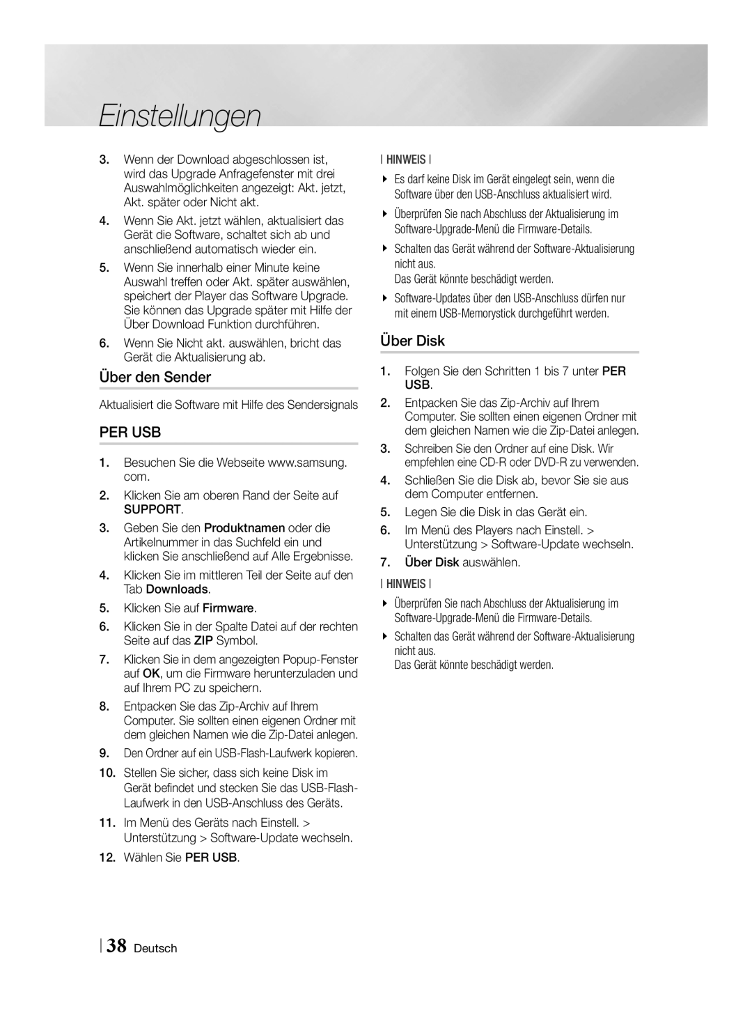 Samsung BD-E8909S/ZG, BD-E8309S/ZG, BD-E8509S/ZG manual Über den Sender, Über Disk, Support 