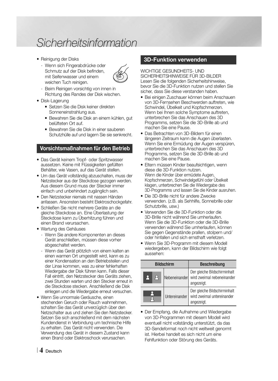 Samsung BD-E8509S/ZG, BD-E8309S/ZG 3D-Funktion verwenden, Wichtige GESUNDHEITS- UND, Sicherheitshinweise FÜR 3D-BILDER 