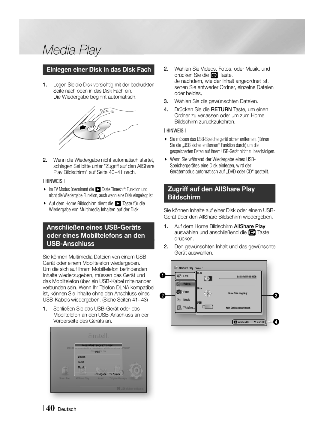 Samsung BD-E8509S/ZG manual Media Play, Zugriff auf den AllShare Play Bildschirm, Die Wiedergabe beginnt automatisch 