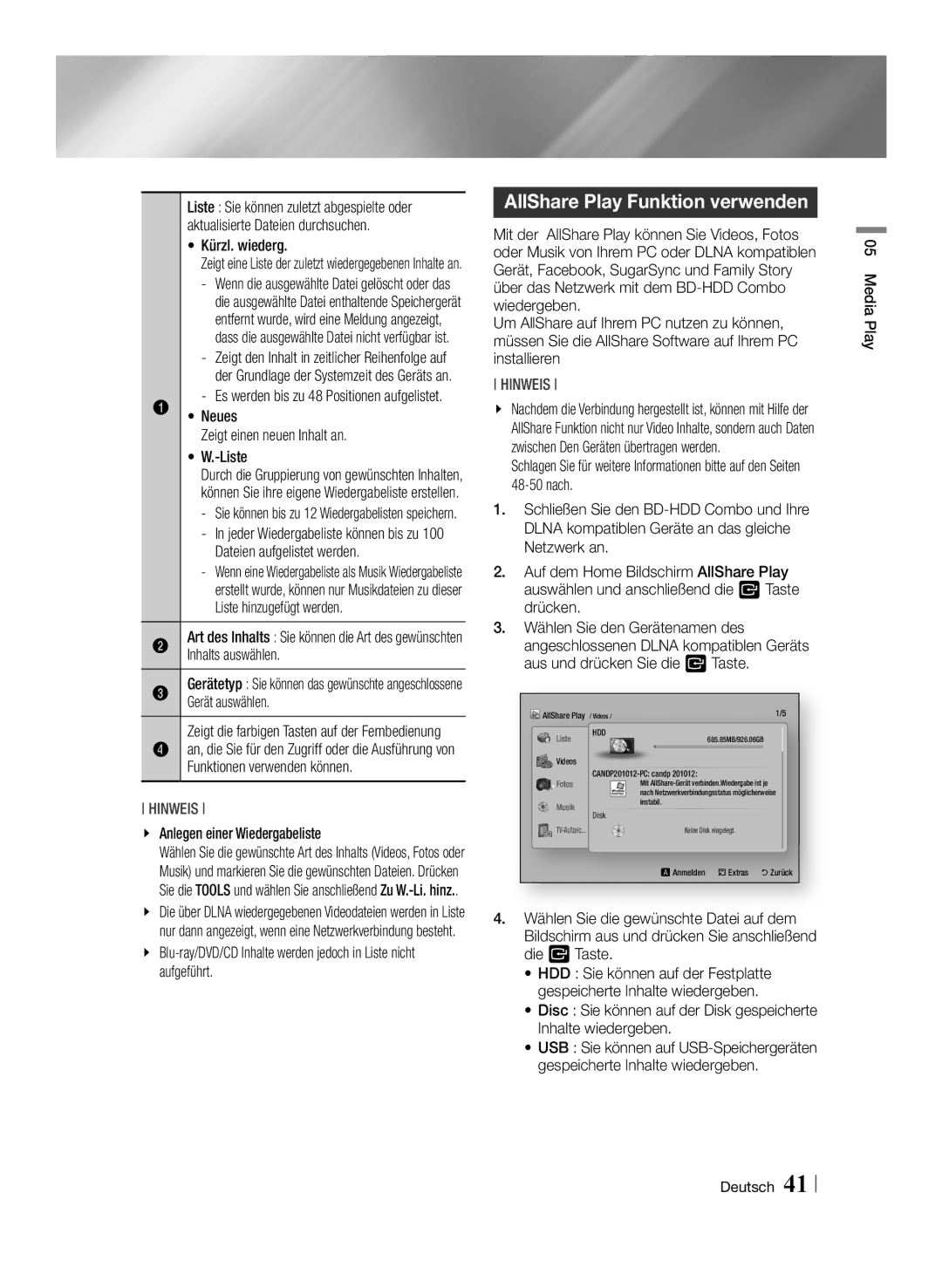 Samsung BD-E8909S/ZG, BD-E8309S/ZG, BD-E8509S/ZG manual AllShare Play Funktion verwenden 