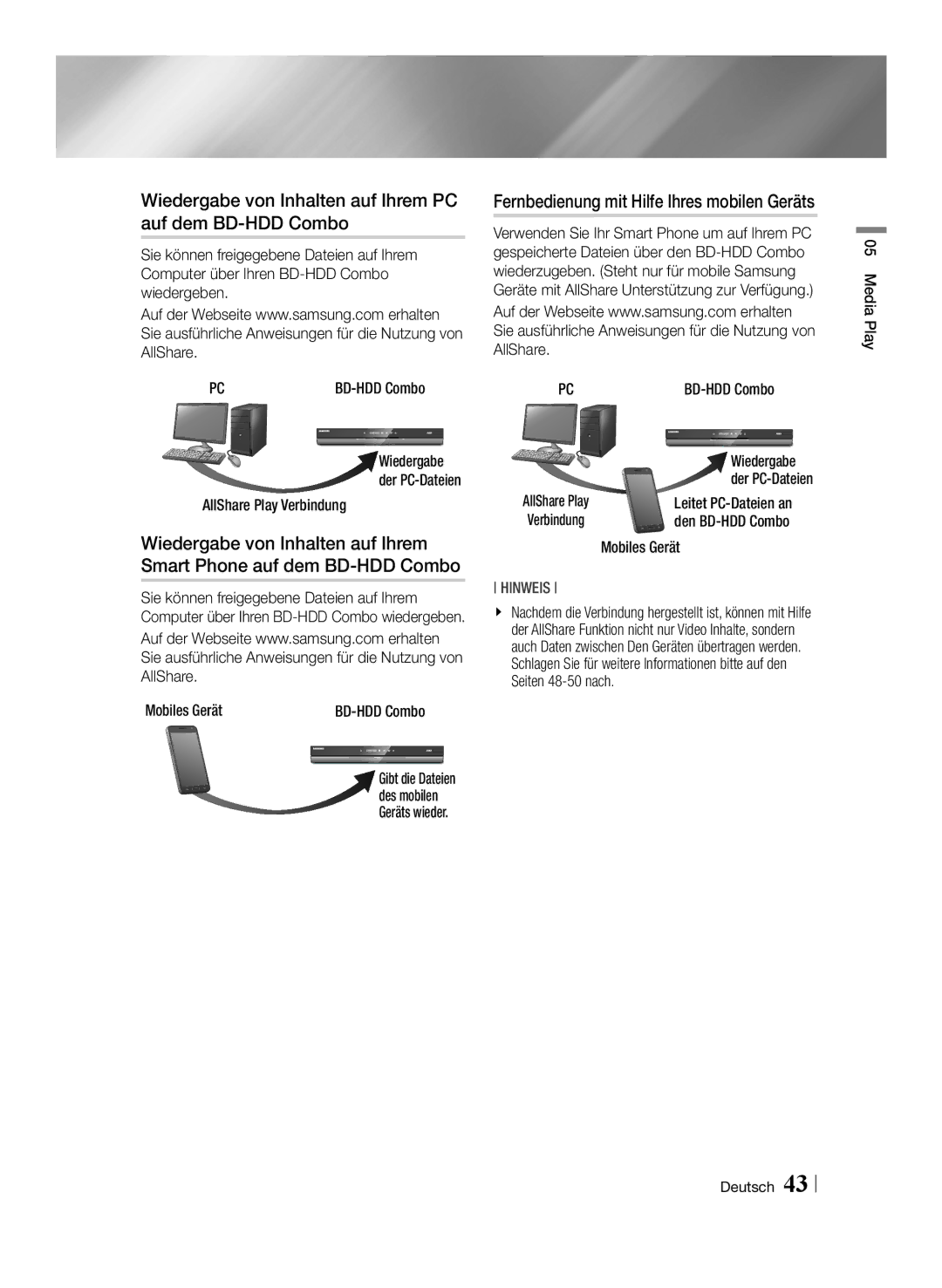 Samsung BD-E8509S/ZG, BD-E8309S/ZG, BD-E8909S/ZG Wiedergabe von Inhalten auf Ihrem PC auf dem BD-HDD Combo, Mobiles Gerät 