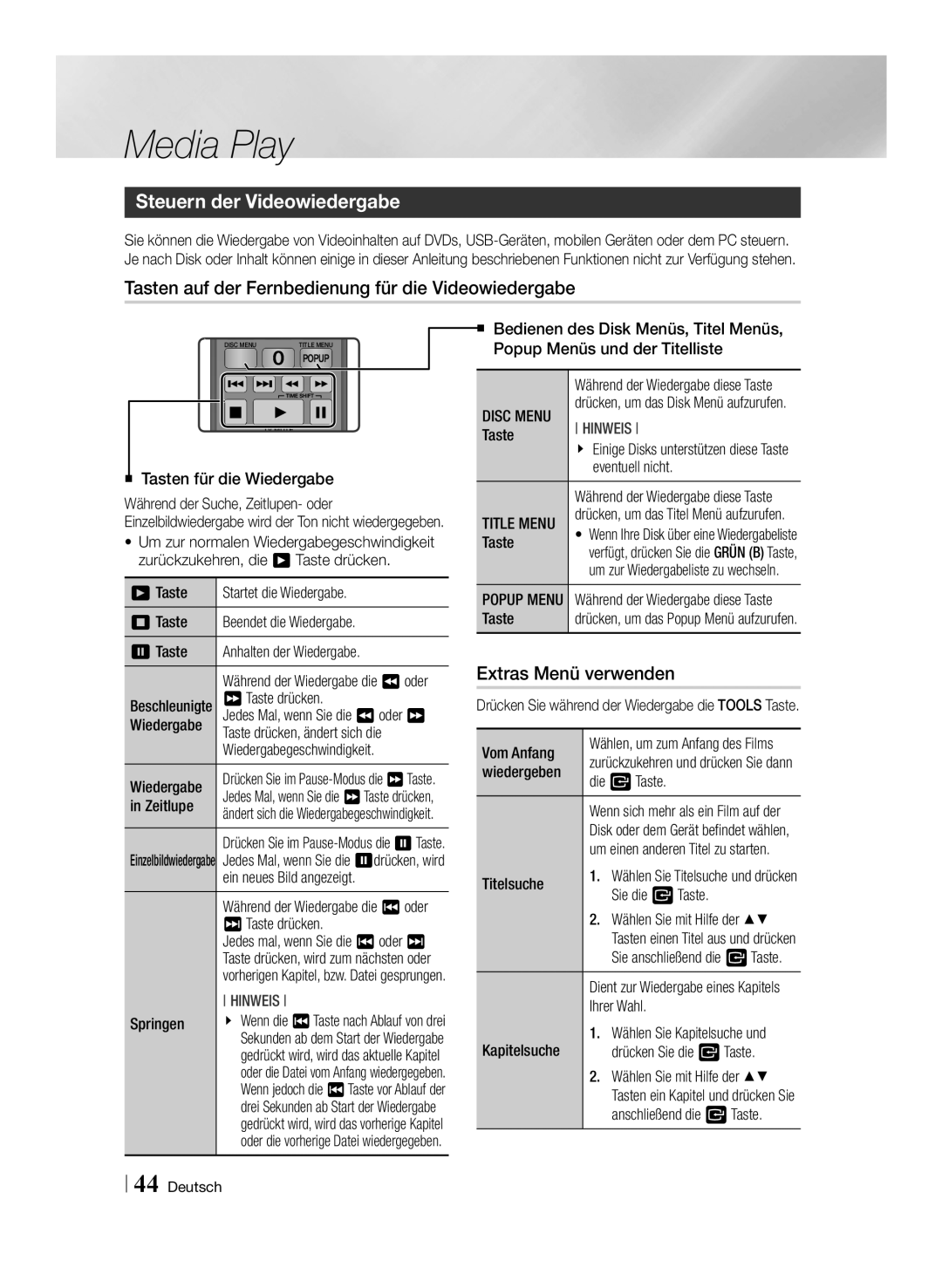 Samsung BD-E8909S/ZG manual Steuern der Videowiedergabe, Tasten auf der Fernbedienung für die Videowiedergabe, Disc Menu 