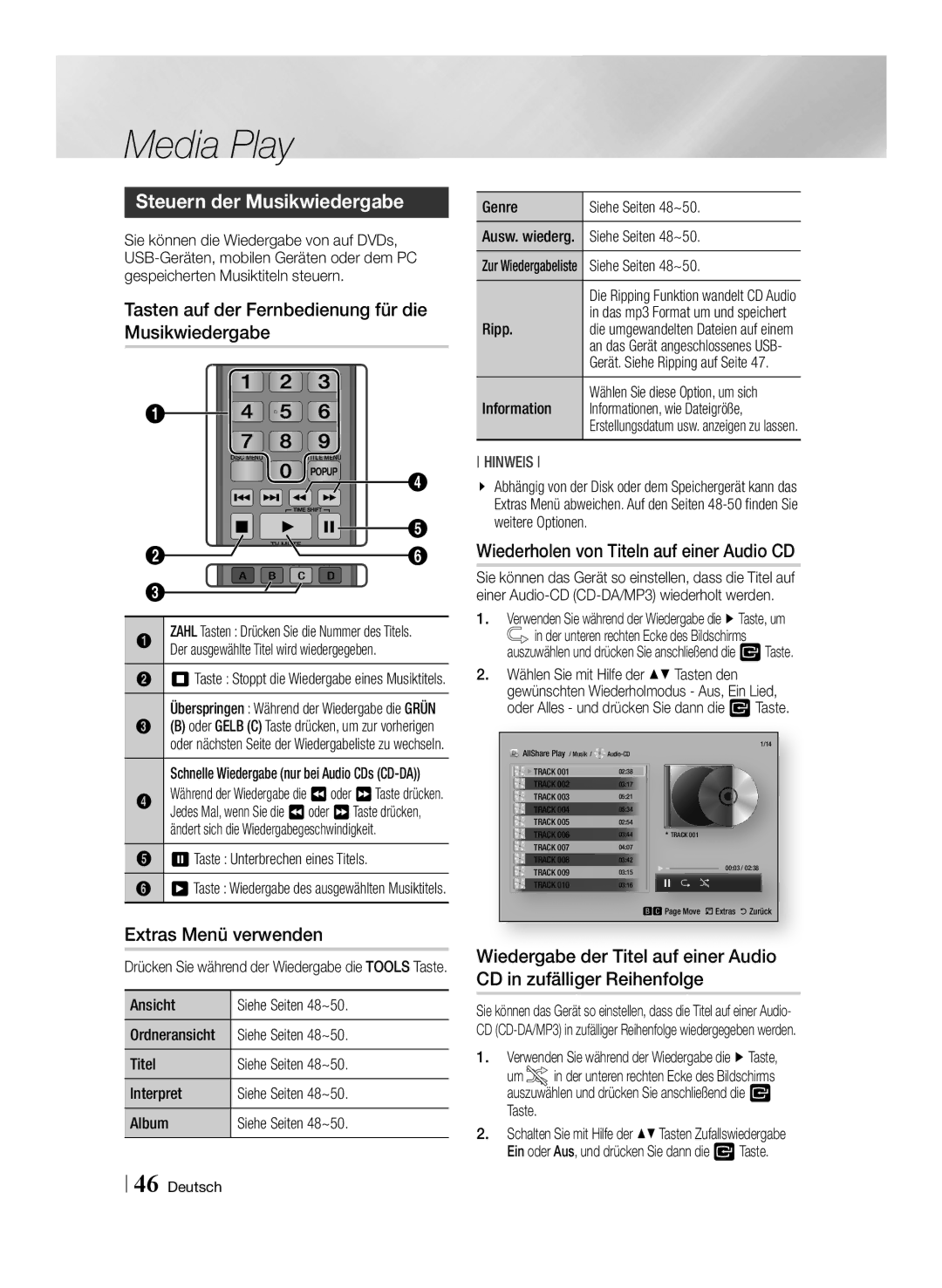 Samsung BD-E8509S/ZG, BD-E8309S/ZG manual Steuern der Musikwiedergabe, Tasten auf der Fernbedienung für die Musikwiedergabe 