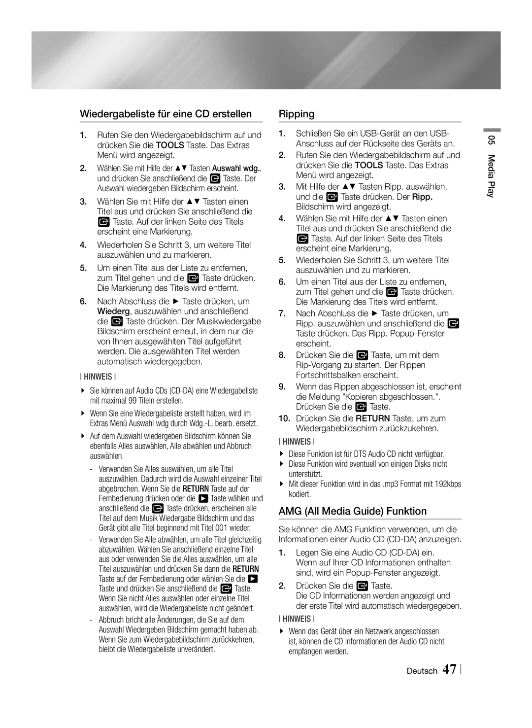 Samsung BD-E8909S/ZG, BD-E8309S/ZG manual Wiedergabeliste für eine CD erstellen, Ripping, AMG All Media Guide Funktion 