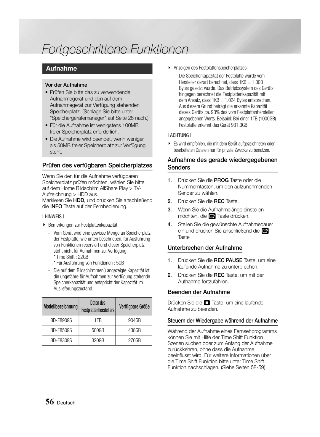 Samsung BD-E8909S/ZG, BD-E8309S/ZG manual Fortgeschrittene Funktionen, Aufnahme, Prüfen des verfügbaren Speicherplatzes 