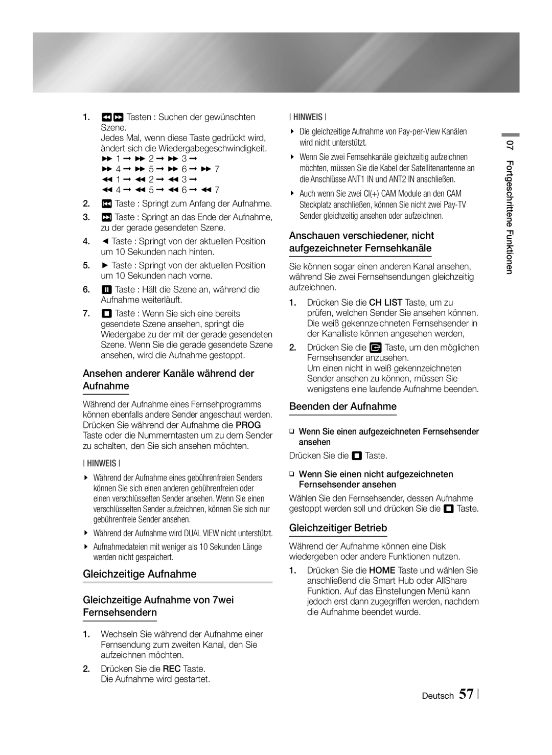 Samsung BD-E8309S/ZG manual Gleichzeitige Aufnahme, Ansehen anderer Kanäle während der Aufnahme, Gleichzeitiger Betrieb 