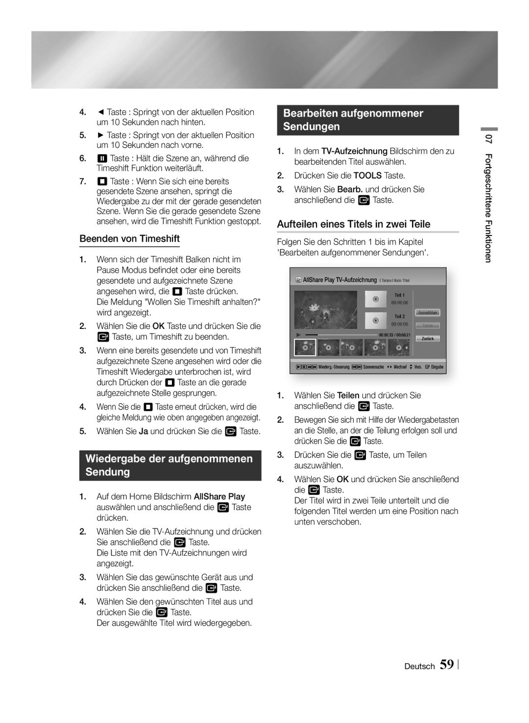 Samsung BD-E8909S/ZG Wiedergabe der aufgenommenen Sendung, Aufteilen eines Titels in zwei Teile, Beenden von Timeshift 