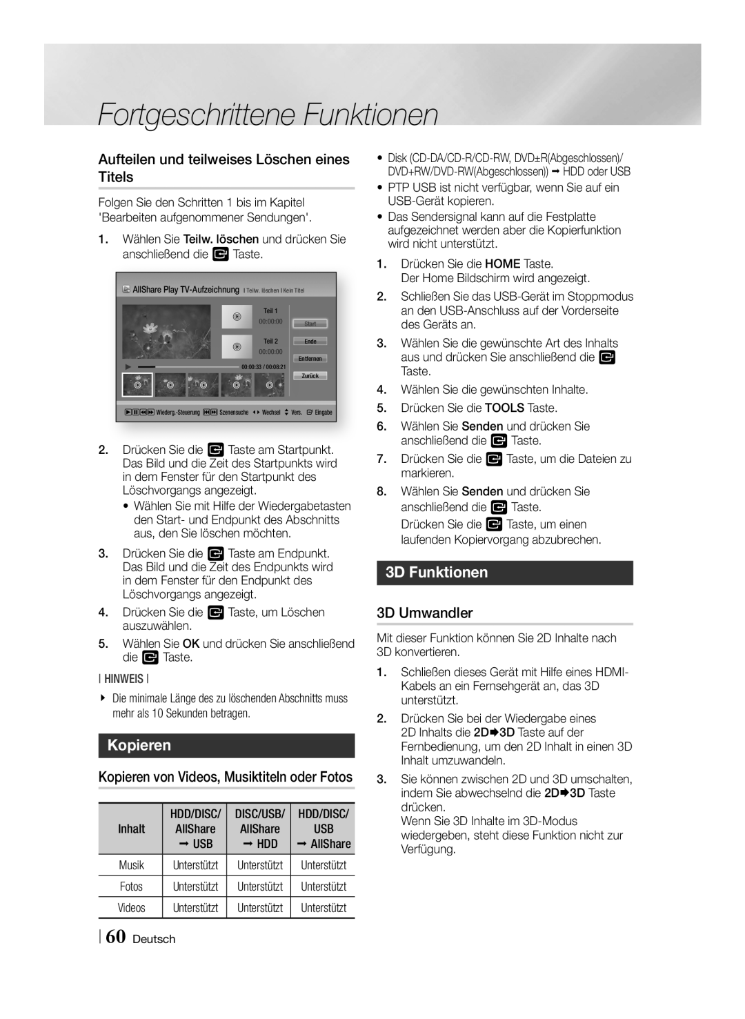 Samsung BD-E8309S/ZG, BD-E8509S/ZG Aufteilen und teilweises Löschen eines Titels, Kopieren, 3D Funktionen, 3D Umwandler 