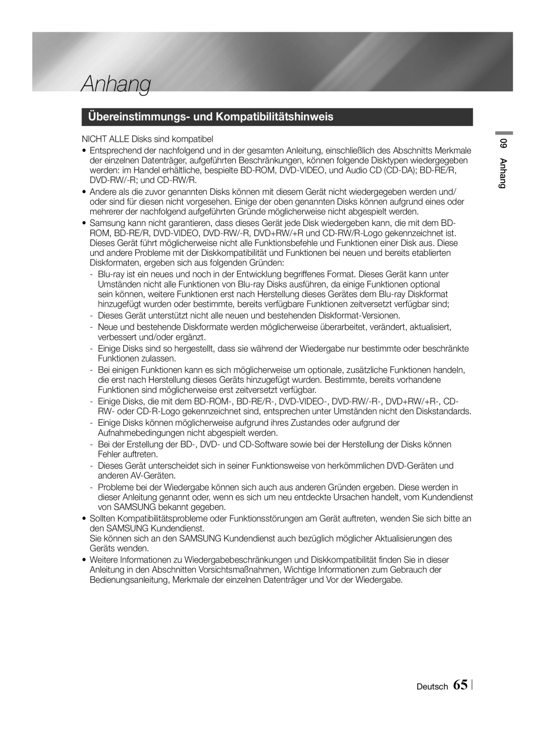 Samsung BD-E8909S/ZG, BD-E8309S/ZG, BD-E8509S/ZG manual Übereinstimmungs- und Kompatibilitätshinweis, Anhang Deutsch 