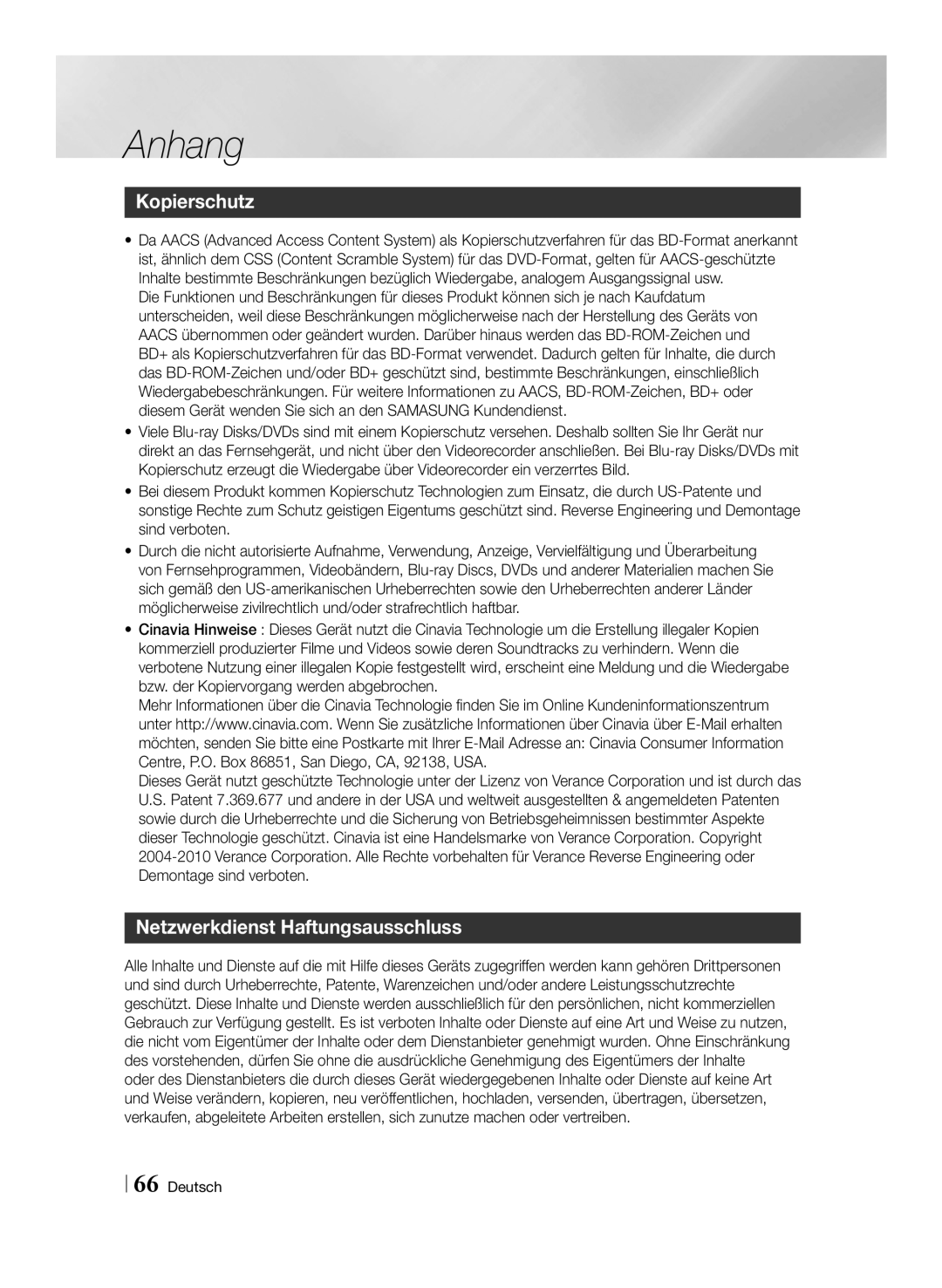 Samsung BD-E8309S/ZG, BD-E8509S/ZG, BD-E8909S/ZG manual Kopierschutz, Netzwerkdienst Haftungsausschluss 