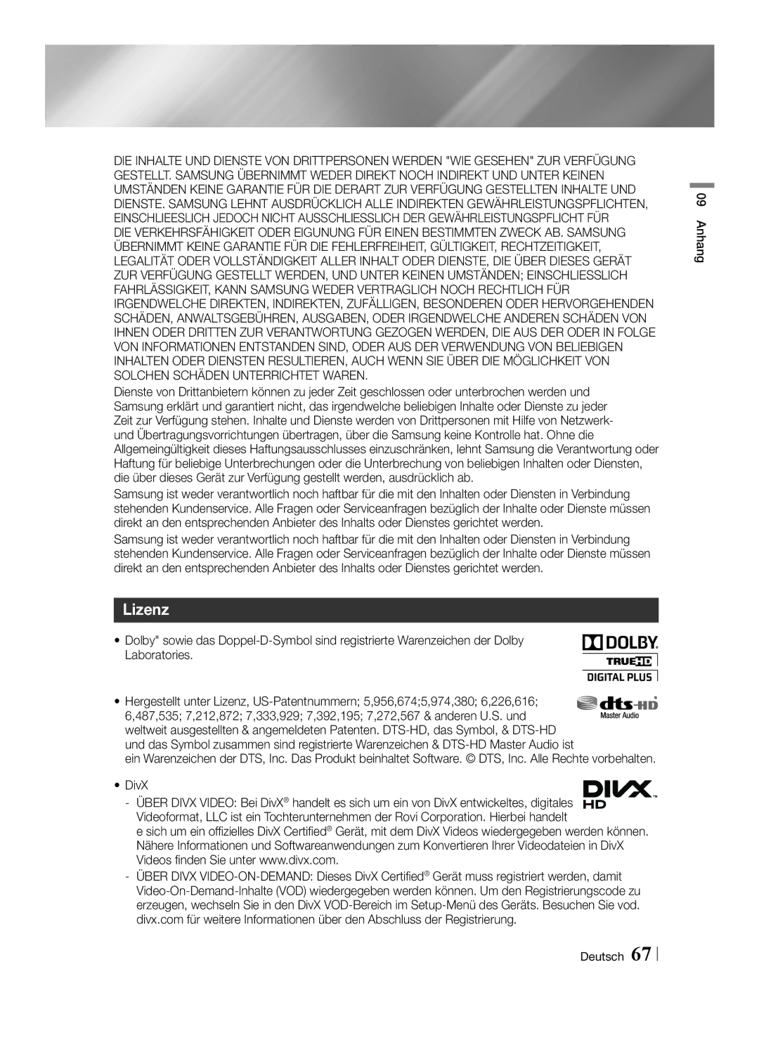 Samsung BD-E8509S/ZG, BD-E8309S/ZG, BD-E8909S/ZG manual Lizenz, DivX 