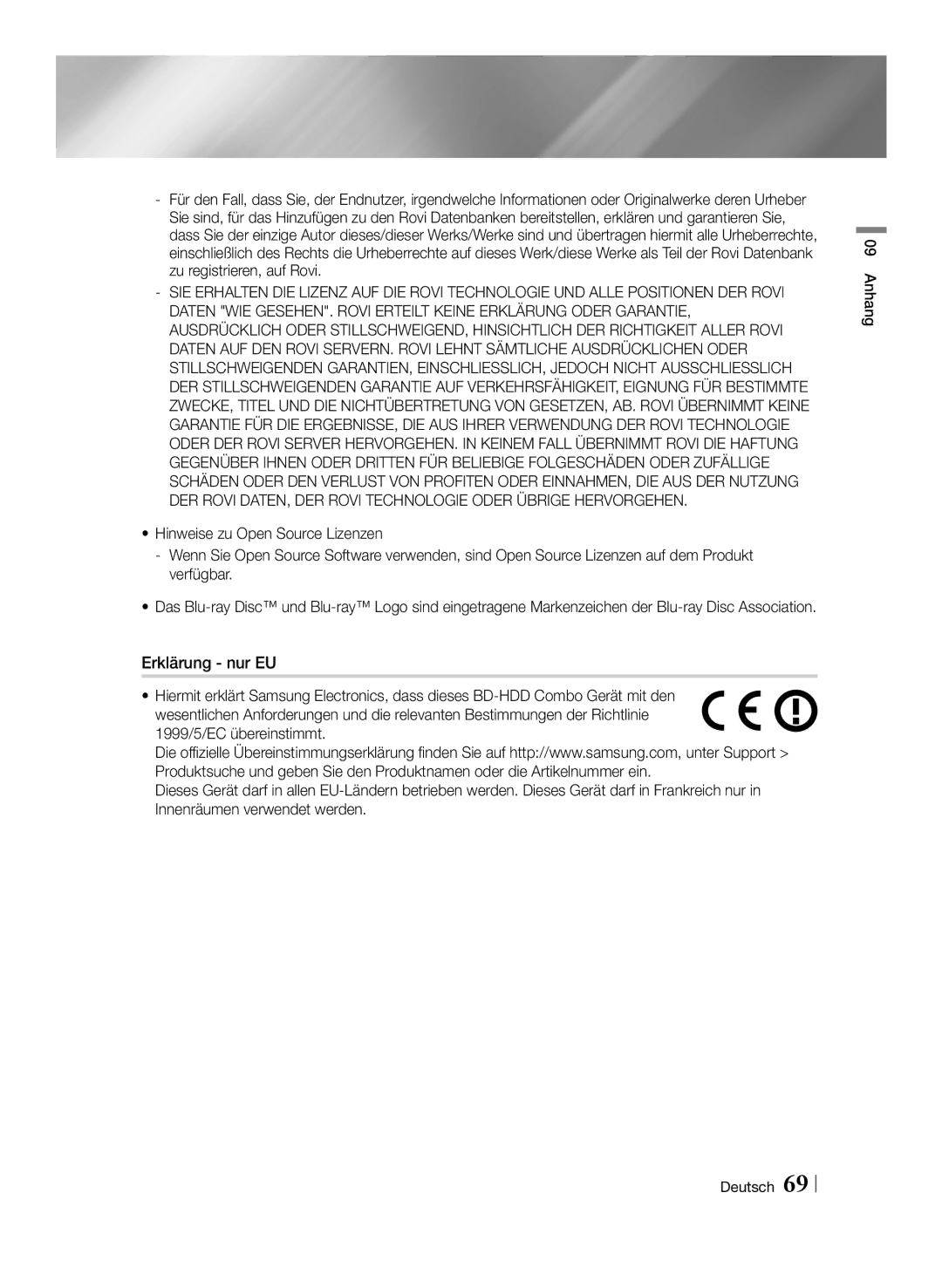 Samsung BD-E8309S/ZG, BD-E8509S/ZG, BD-E8909S/ZG manual Anhang Deutsch 