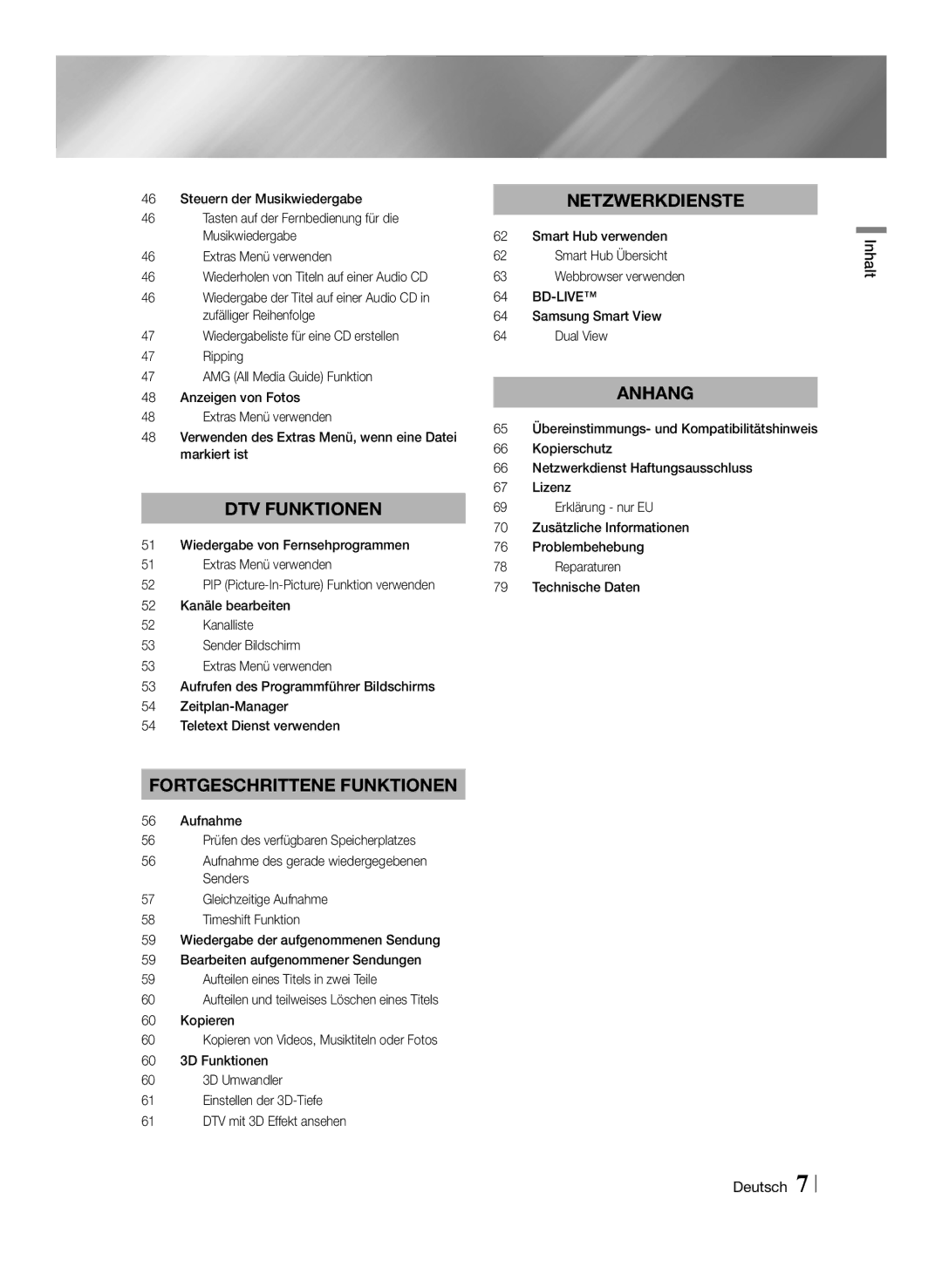 Samsung BD-E8509S/ZG manual Inhalt Deutsch, Markiert ist, Zeitplan-Manager, Teletext Dienst verwenden, Samsung Smart View64 