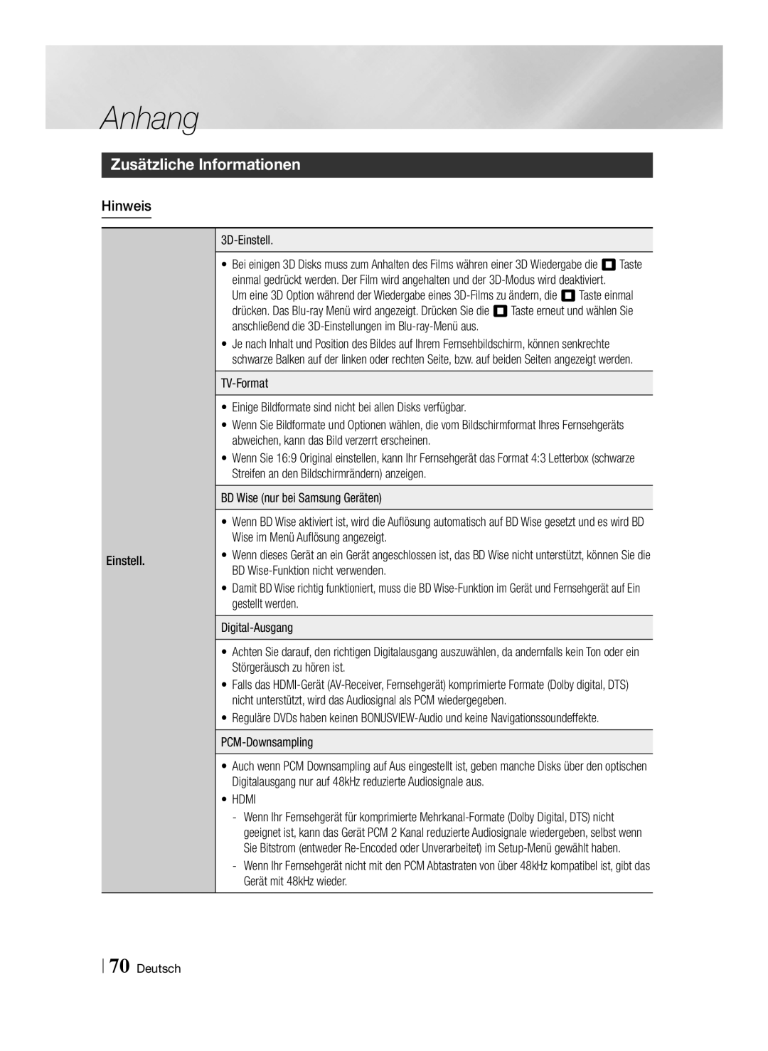 Samsung BD-E8509S/ZG, BD-E8309S/ZG manual Zusätzliche Informationen, Hinweis, Einstell 3D-Einstell, PCM-Downsampling, Hdmi 