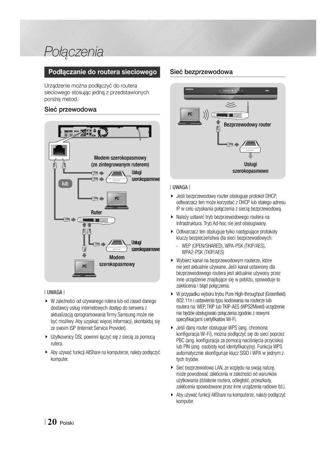 Samsung BD-E8300/EN, BD-E8500/EN Podłączanie do routera sieciowego, Sieć przewodowa, Sieć bezprzewodowa, WPA2-PSK TKIP/AES 