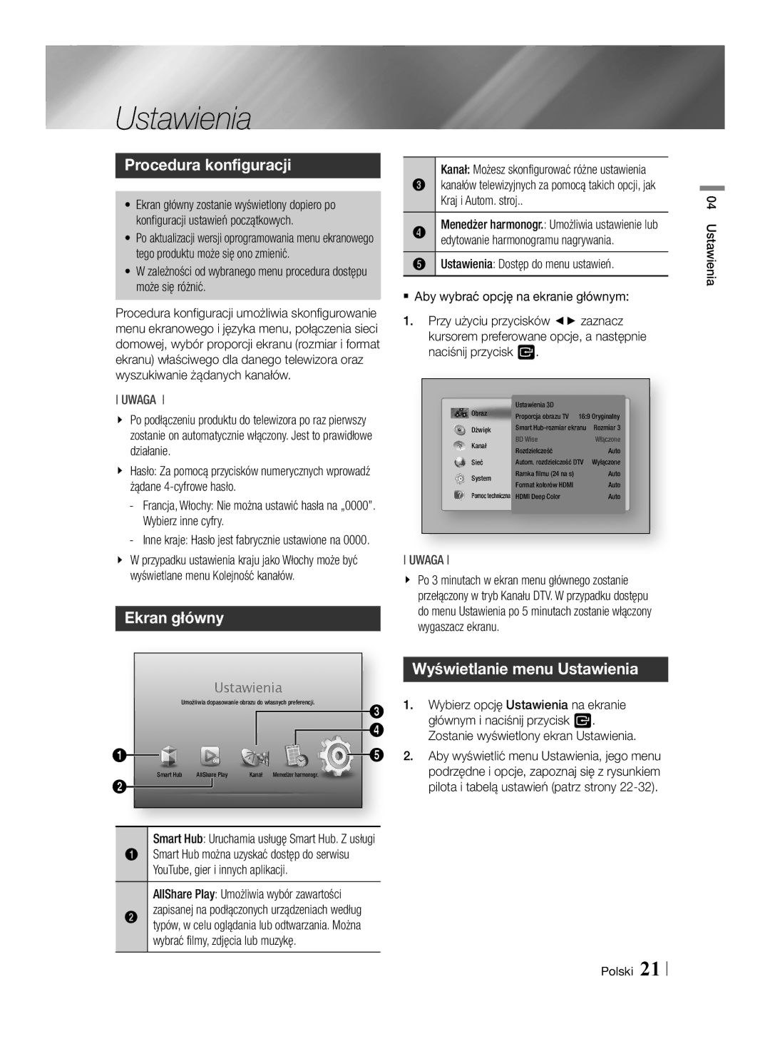 Samsung BD-E8500/EN, BD-E8300/EN manual Procedura konfiguracji, Ekran główny, Wyświetlanie menu Ustawienia 