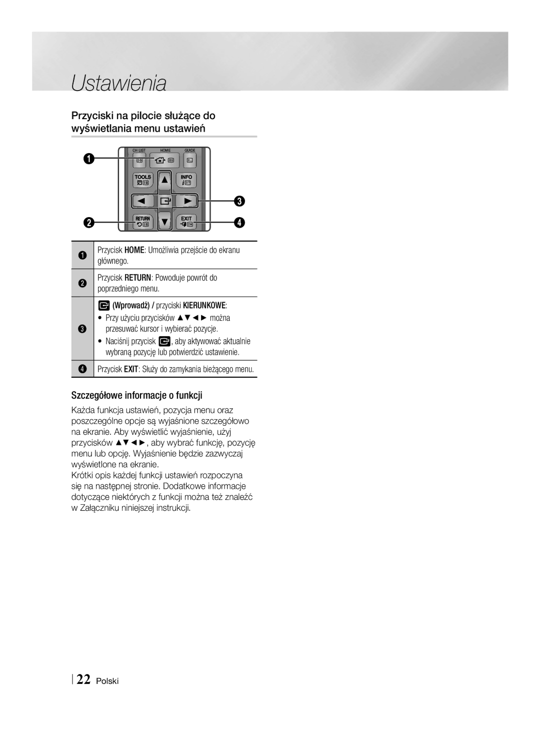 Samsung BD-E8300/EN Przyciski na pilocie służące do wyświetlania menu ustawień, Szczegółowe informacje o funkcji, Głównego 