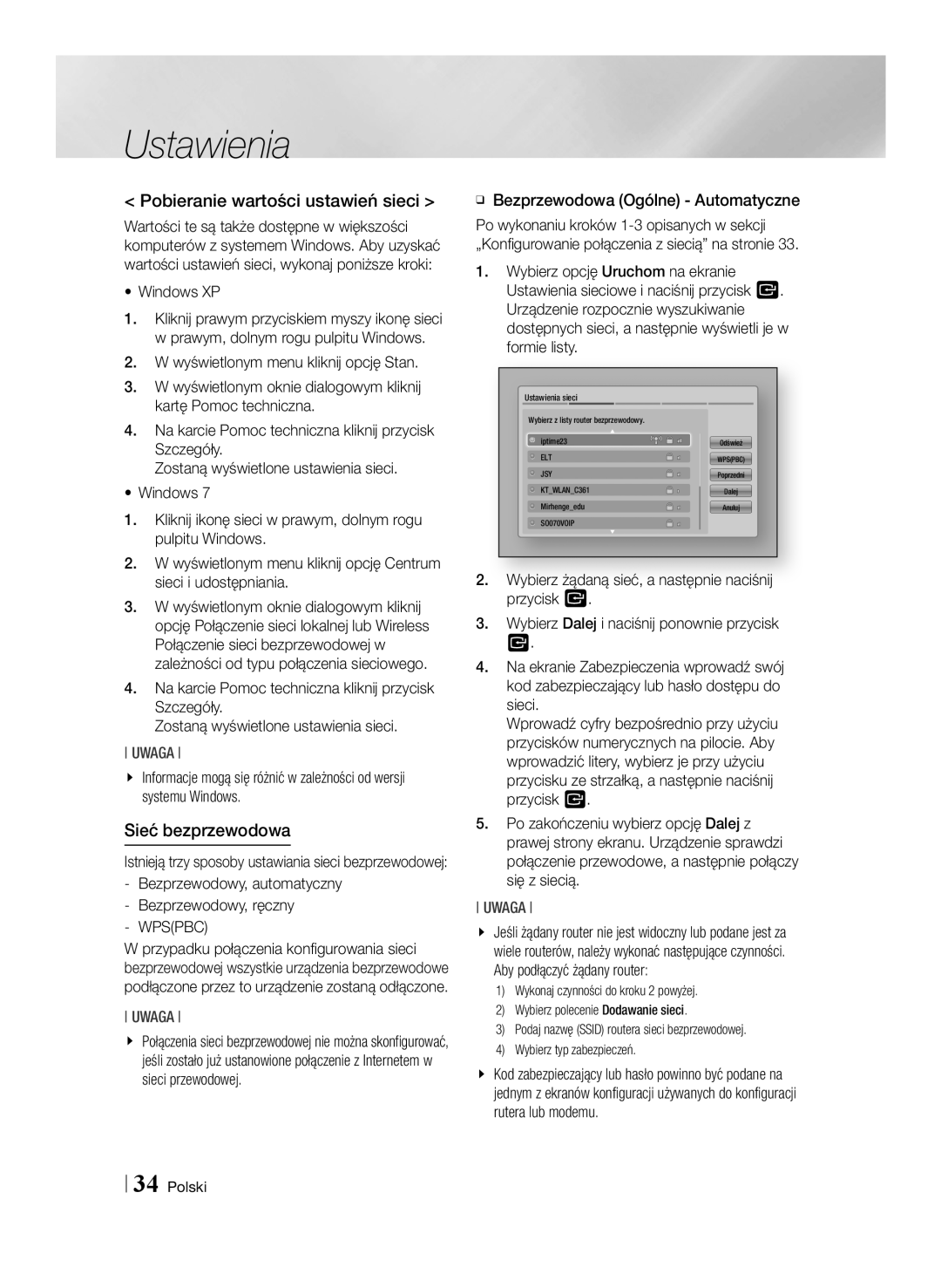 Samsung BD-E8300/EN Pobieranie wartości ustawień sieci, Sieć bezprzewodowa, Windows XP, Bezprzewodowy, ręczny -- Wpspbc 