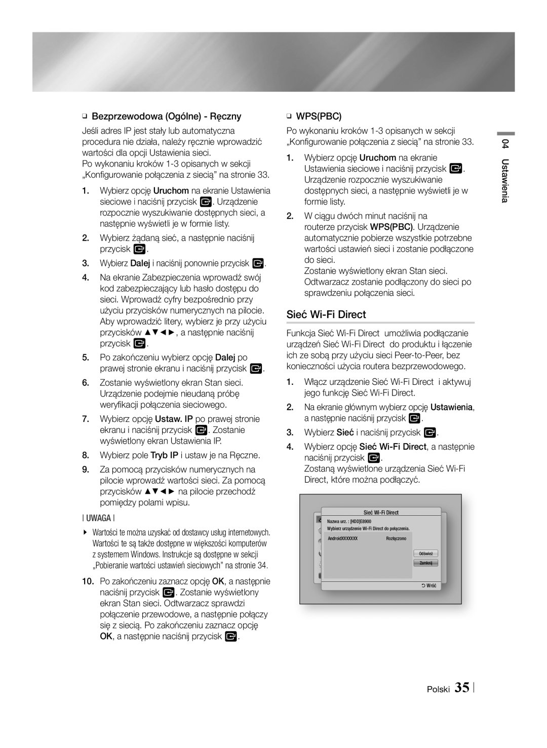 Samsung BD-E8500/EN, BD-E8300/EN manual Sieć Wi-Fi Direct, ĞĞ Bezprzewodowa Ogólne Ręczny 