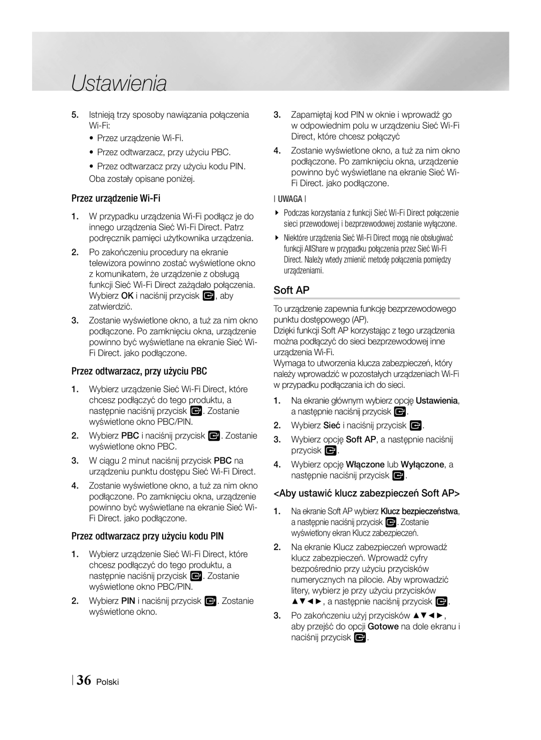 Samsung BD-E8300/EN manual Przez urządzenie Wi-Fi, Przez odtwarzacz, przy użyciu PBC, Przez odtwarzacz przy użyciu kodu PIN 