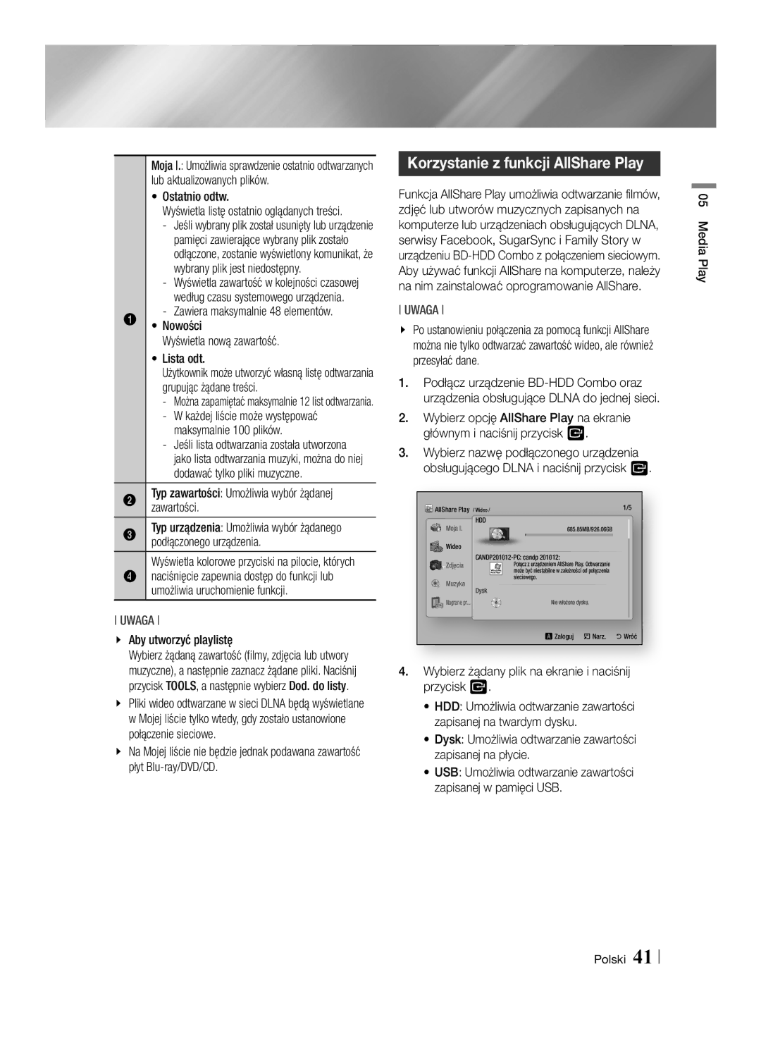 Samsung BD-E8500/EN, BD-E8300/EN manual Korzystanie z funkcji AllShare Play 