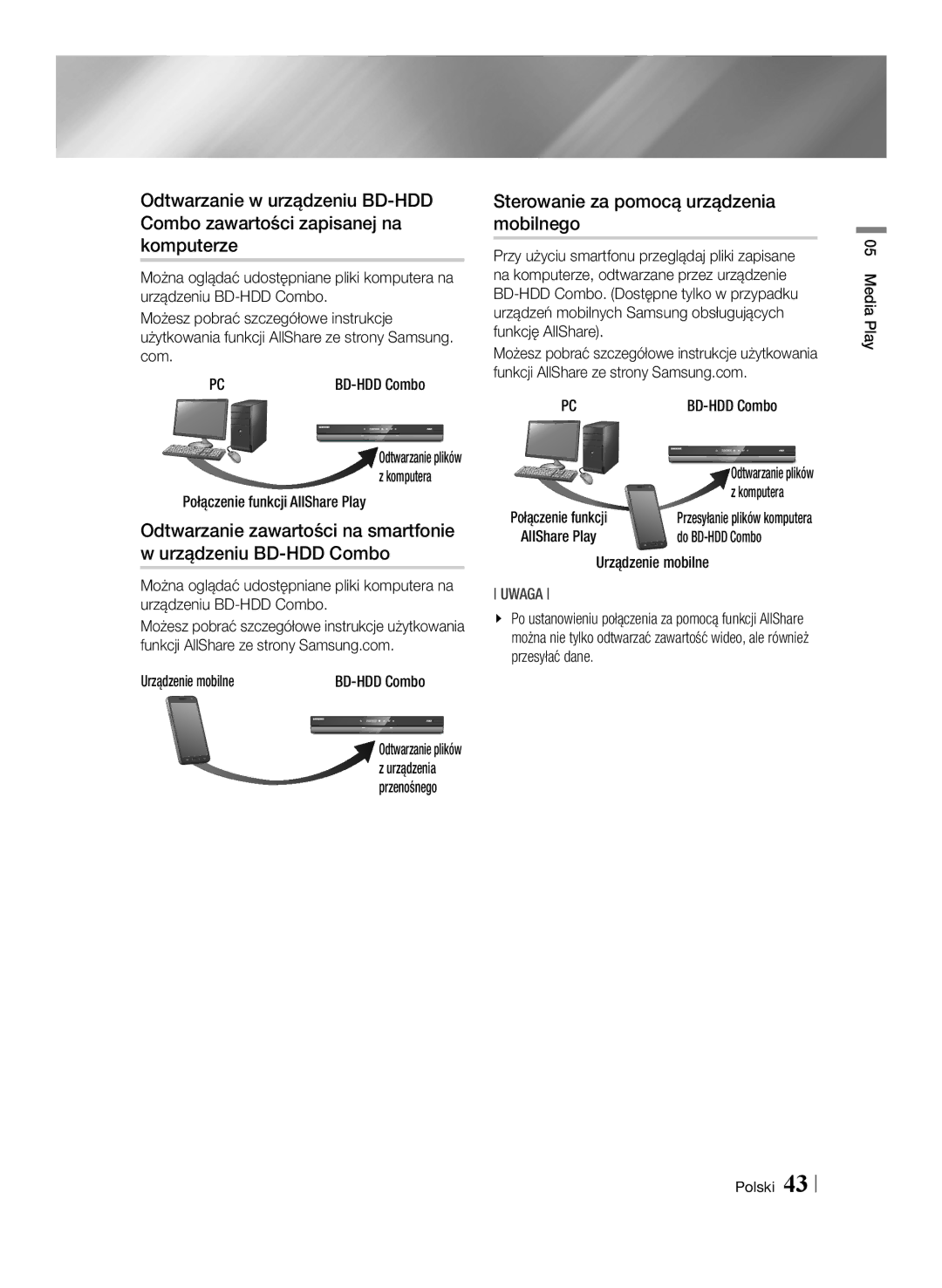 Samsung BD-E8500/EN, BD-E8300/EN manual Sterowanie za pomocą urządzenia mobilnego 