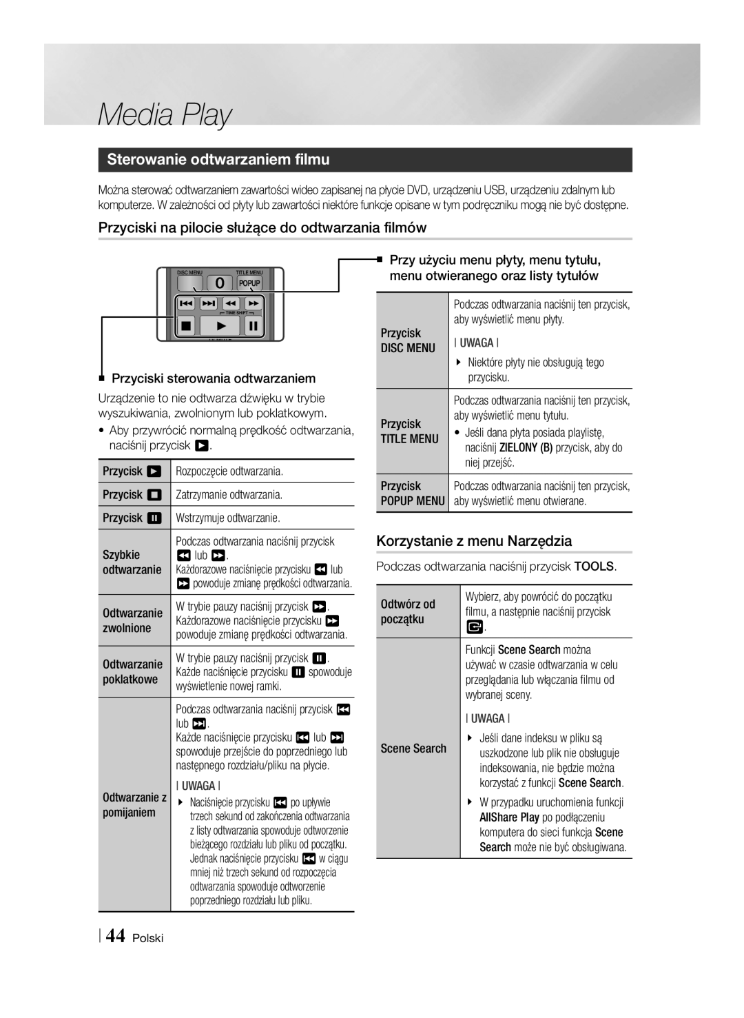 Samsung BD-E8300/EN, BD-E8500/EN manual Sterowanie odtwarzaniem filmu, Przyciski na pilocie służące do odtwarzania filmów 