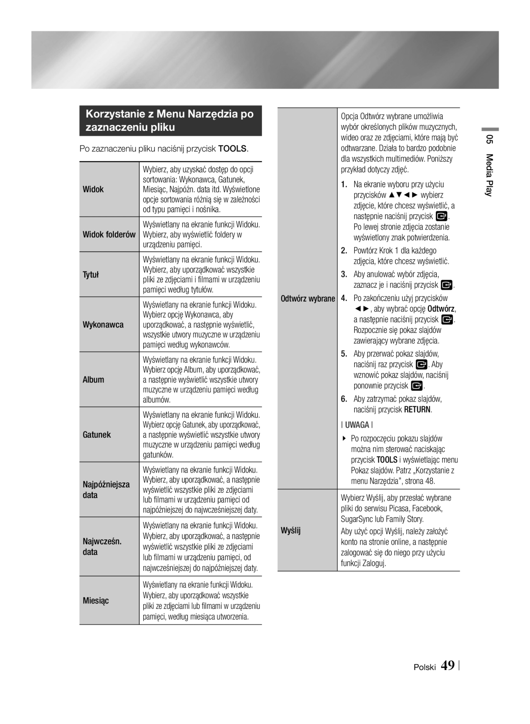 Samsung BD-E8500/EN, BD-E8300/EN manual Korzystanie z Menu Narzędzia po zaznaczeniu pliku 