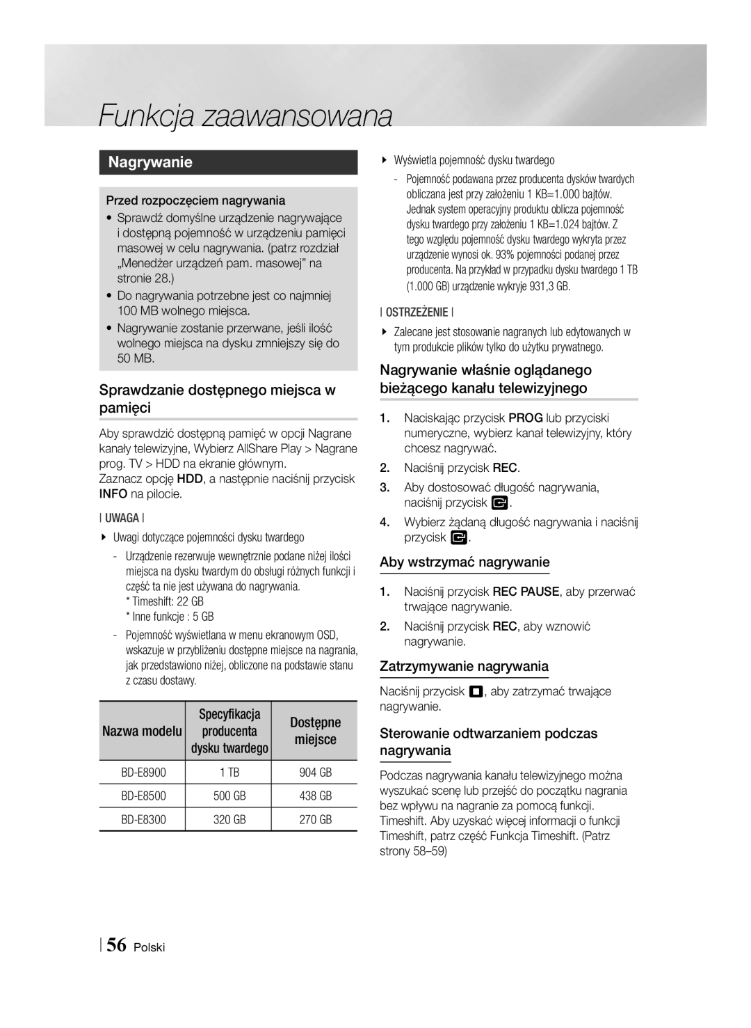 Samsung BD-E8300/EN, BD-E8500/EN manual Funkcja zaawansowana, Nagrywanie, Sprawdzanie dostępnego miejsca w pamięci 