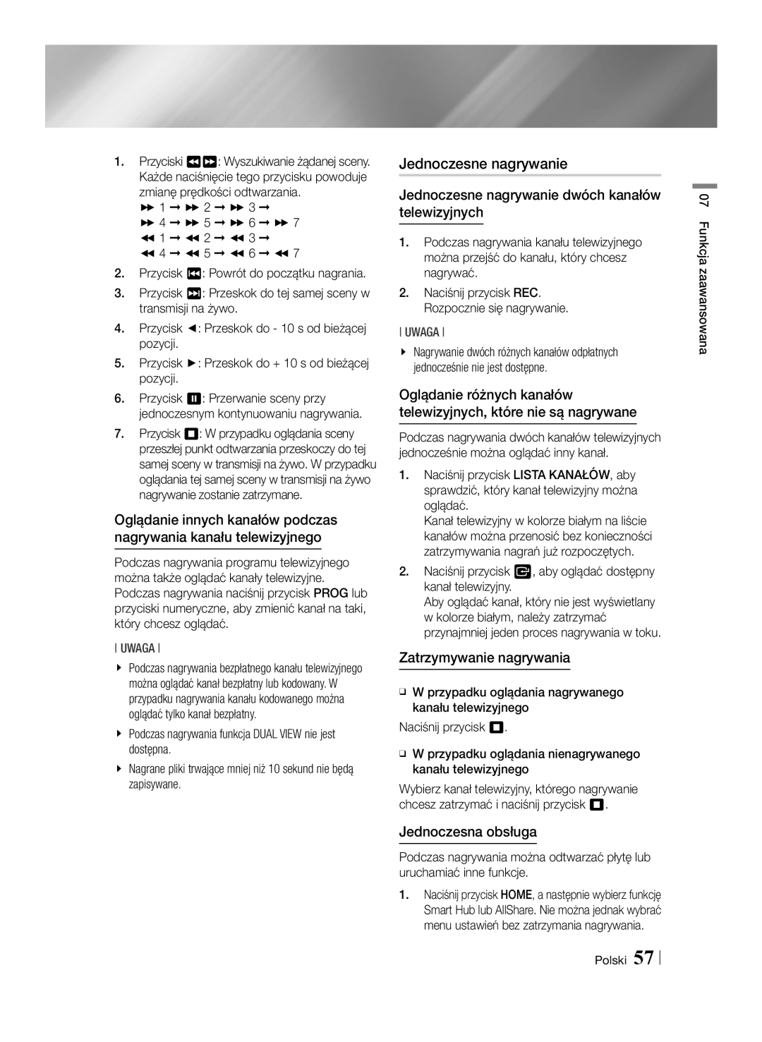 Samsung BD-E8500/EN, BD-E8300/EN manual Jednoczesne nagrywanie dwóch kanałów telewizyjnych, Jednoczesna obsługa 