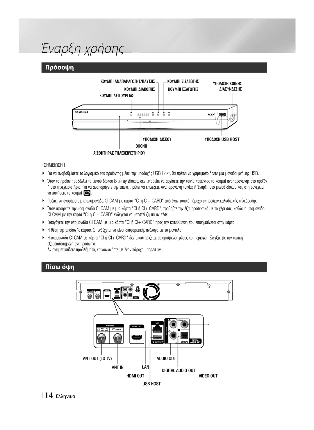 Samsung BD-E8500/EN, BD-E8300/EN manual Πρόσοψη, Πίσω όψη, 14 Ελληνικά 